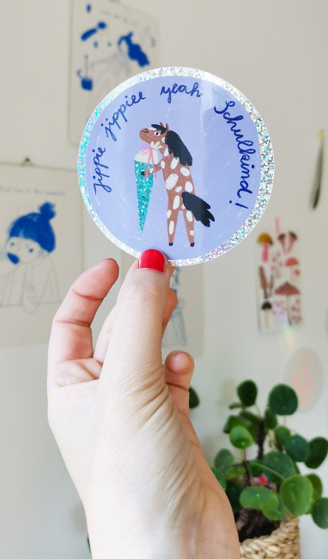 Großer glossy Schulkindsticker Pony mit Glitzer